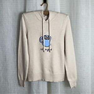 Life is Good S Ivory White Blue Tan Hot Marshmallow Chocolate Hooded Sweater